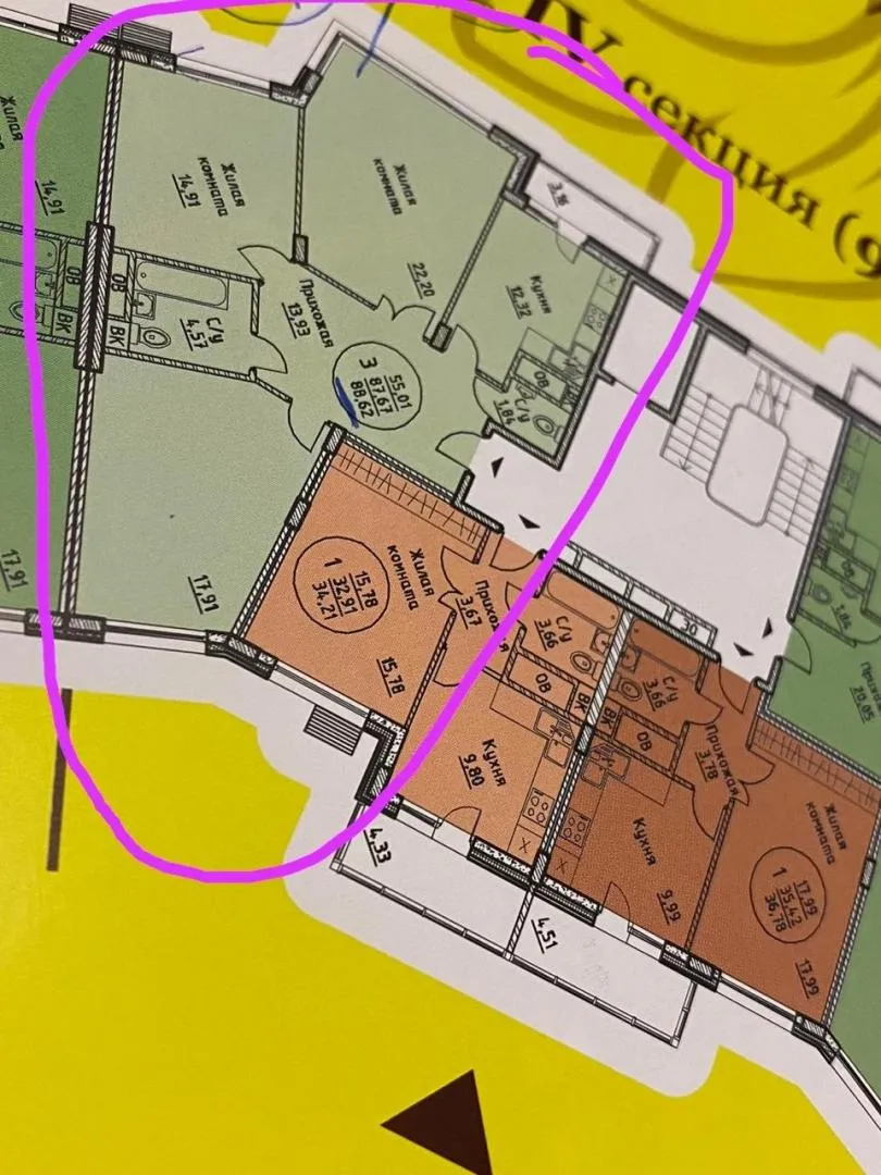 3-комн. квартира, 89/55/13