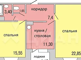 2-комн. квартира, 65.2/38.4/11.1