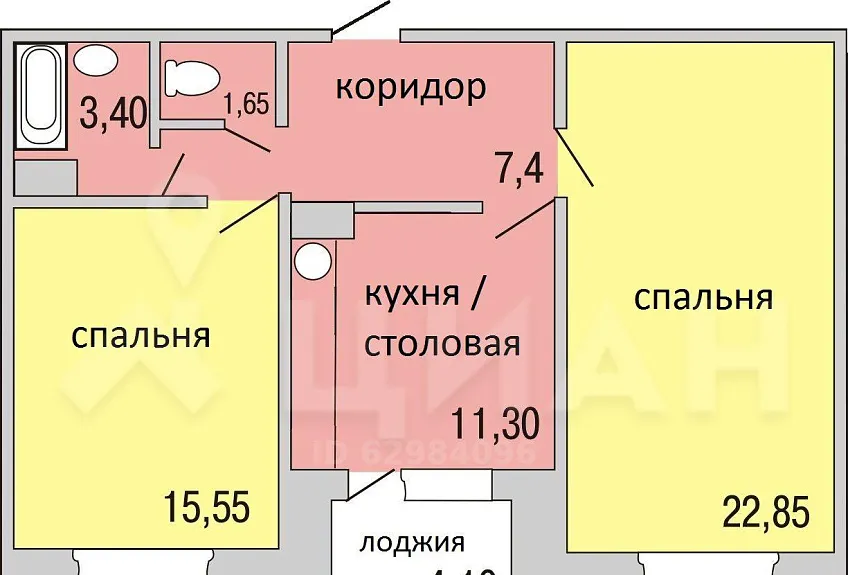 2-комн. квартира, 65.2/38.4/11.1